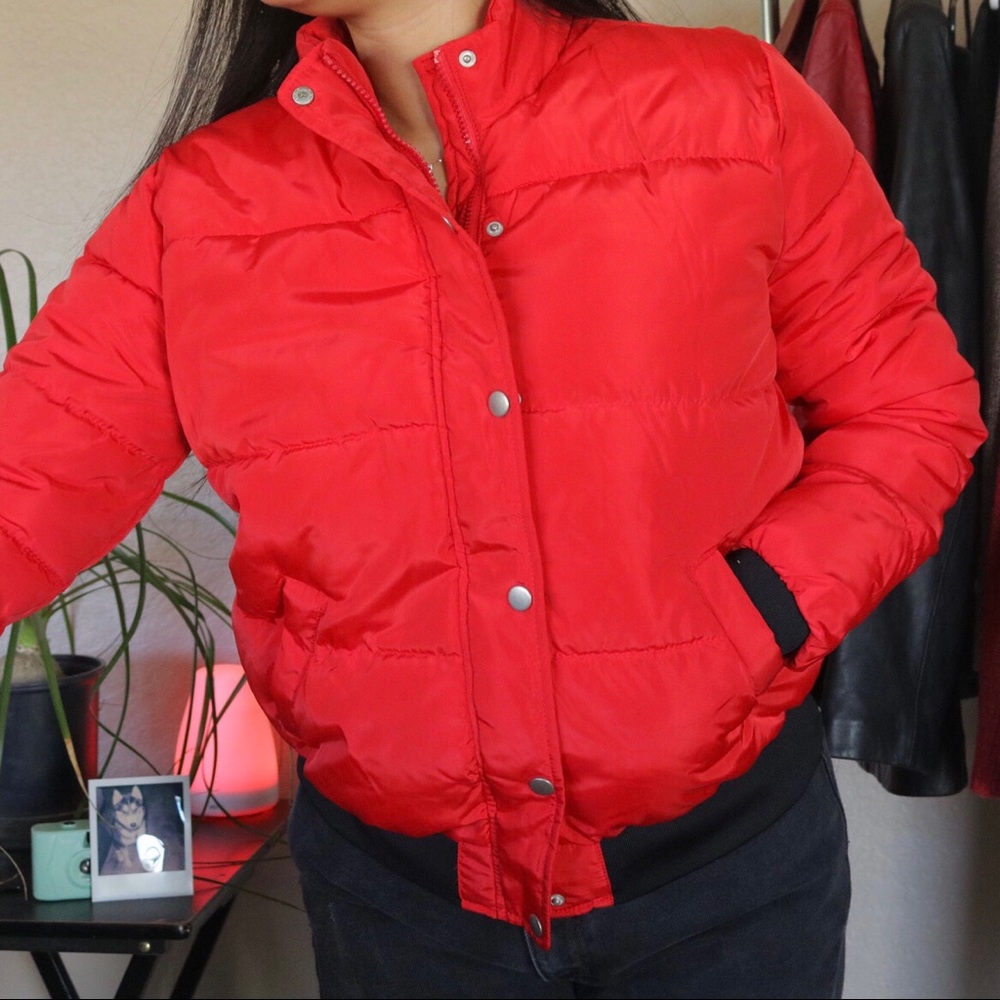 Red puffer jacket